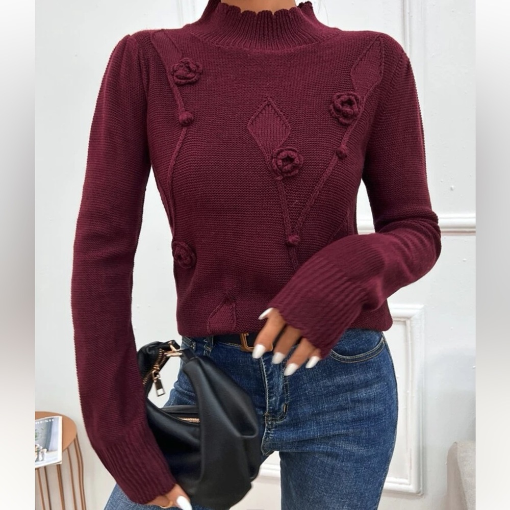 Shein • Burgundy Knit Appliqué Mock Neck Sweater